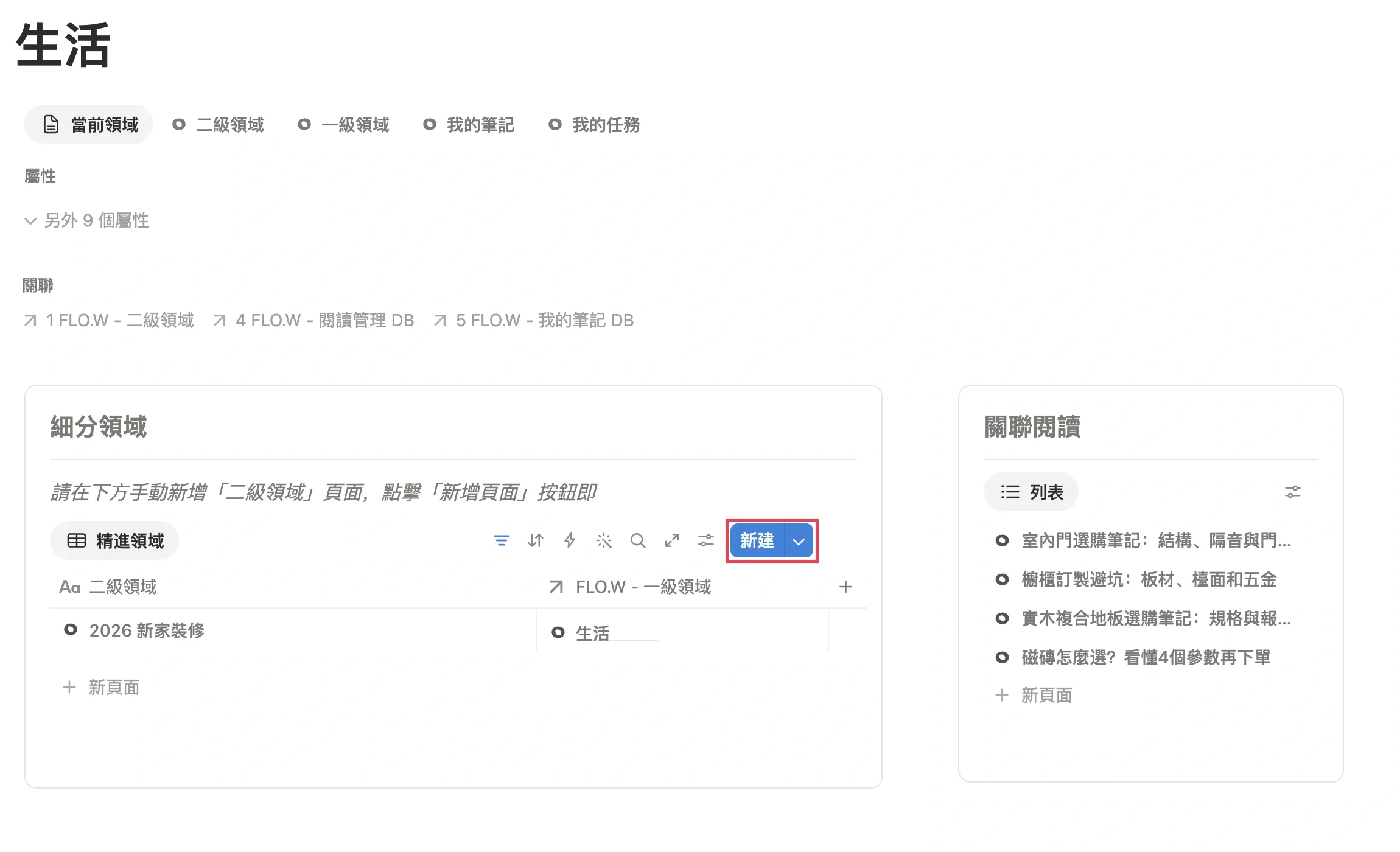 一級領域「生活」頁面的細分領域模組，新建按鈕以紅框標出，下方是剛建立的二級領域 2026 新家裝修
