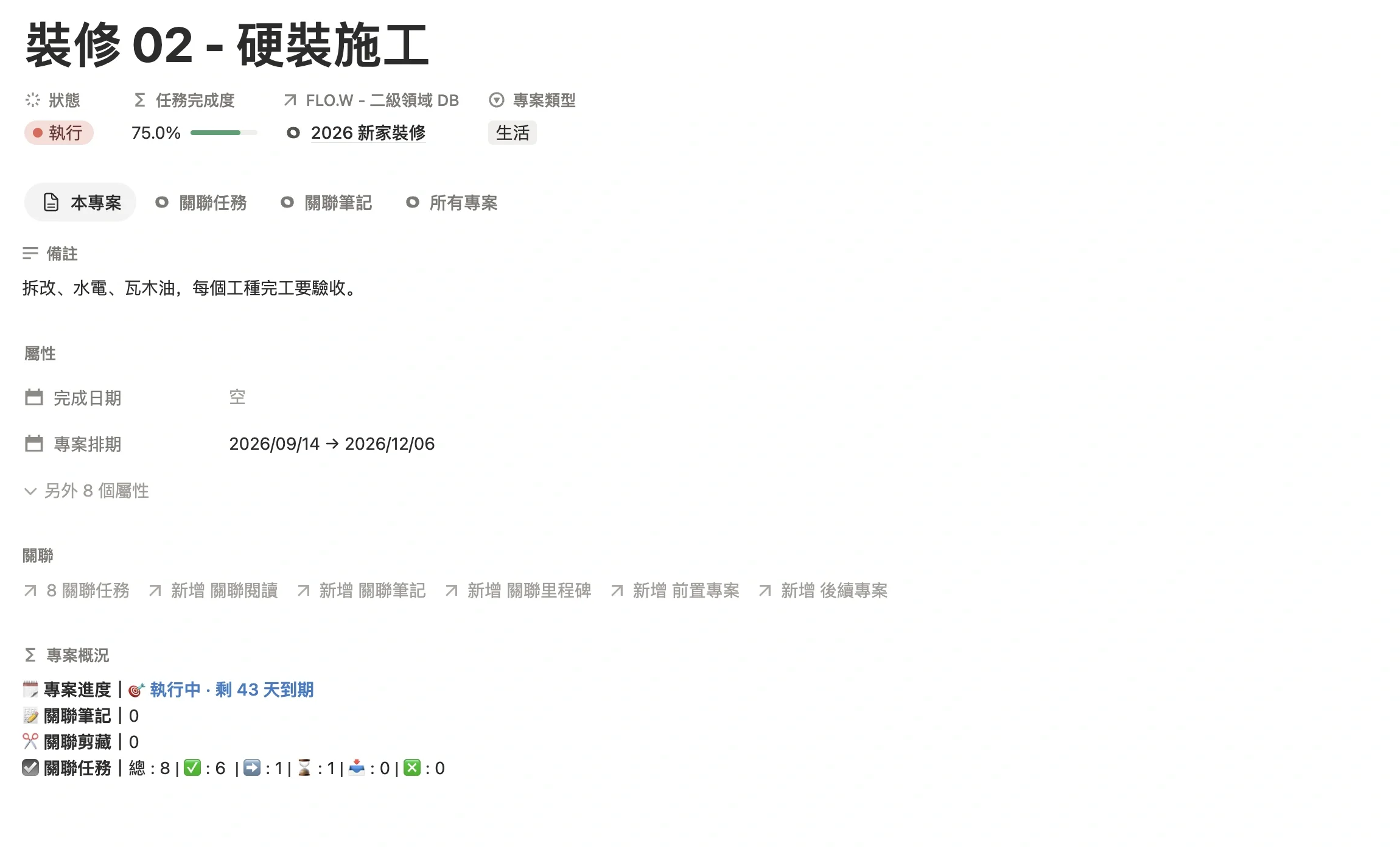 專案「裝修 02 - 硬裝施工」頁面，專案類型為生活，關聯二級領域 2026 新家裝修，並設定了專案排期
