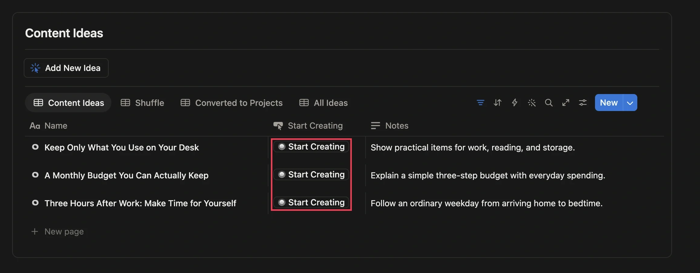 Click Start Creating to create a project page