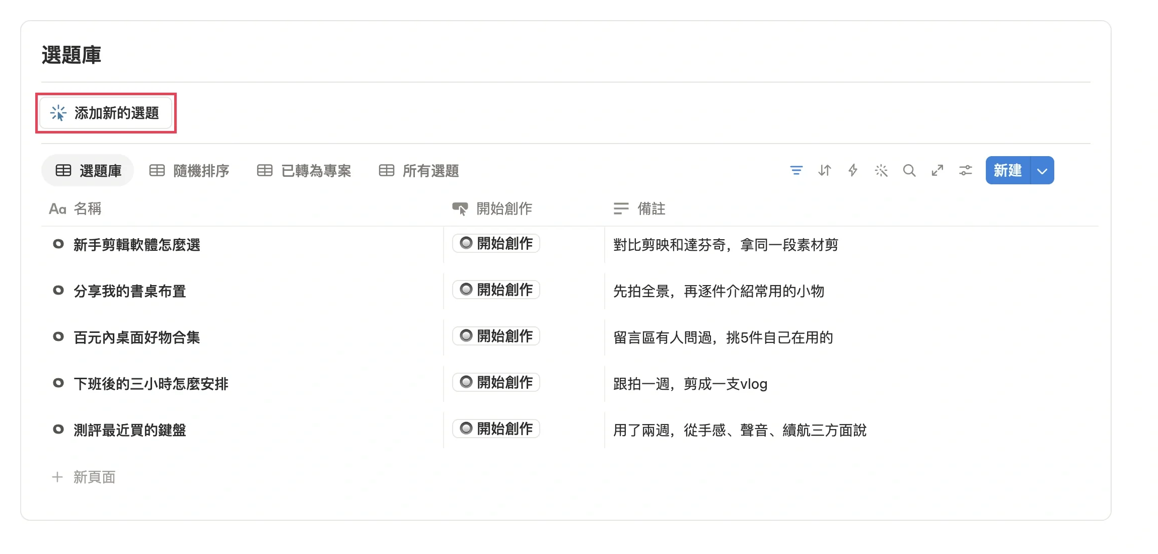 選題庫裡累積的選題，以及「添加新的選題」按鈕