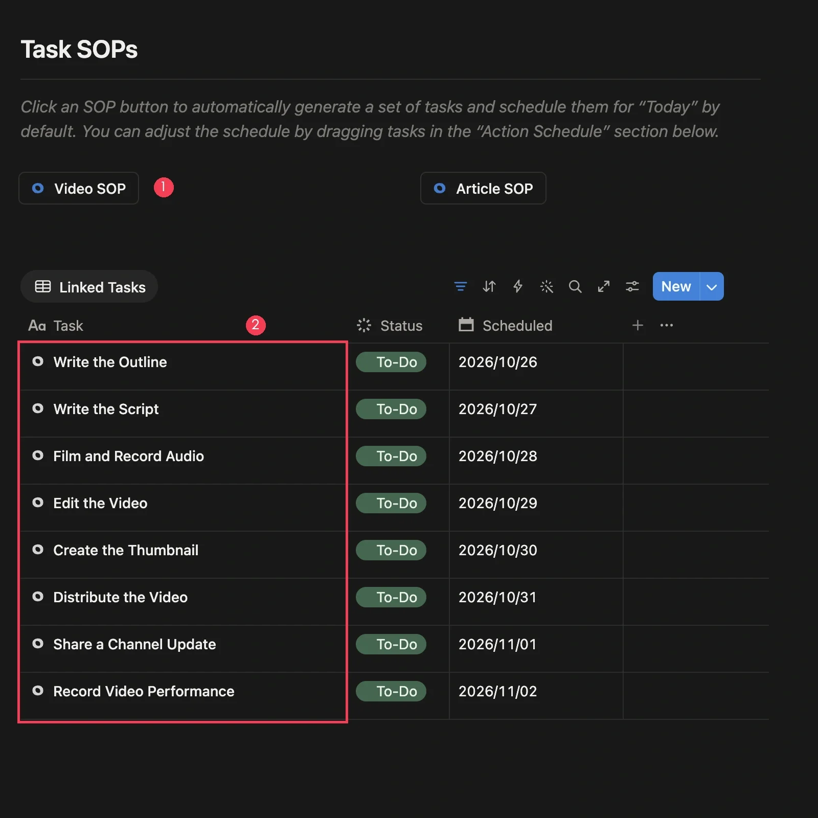 Automatically generated video creation tasks