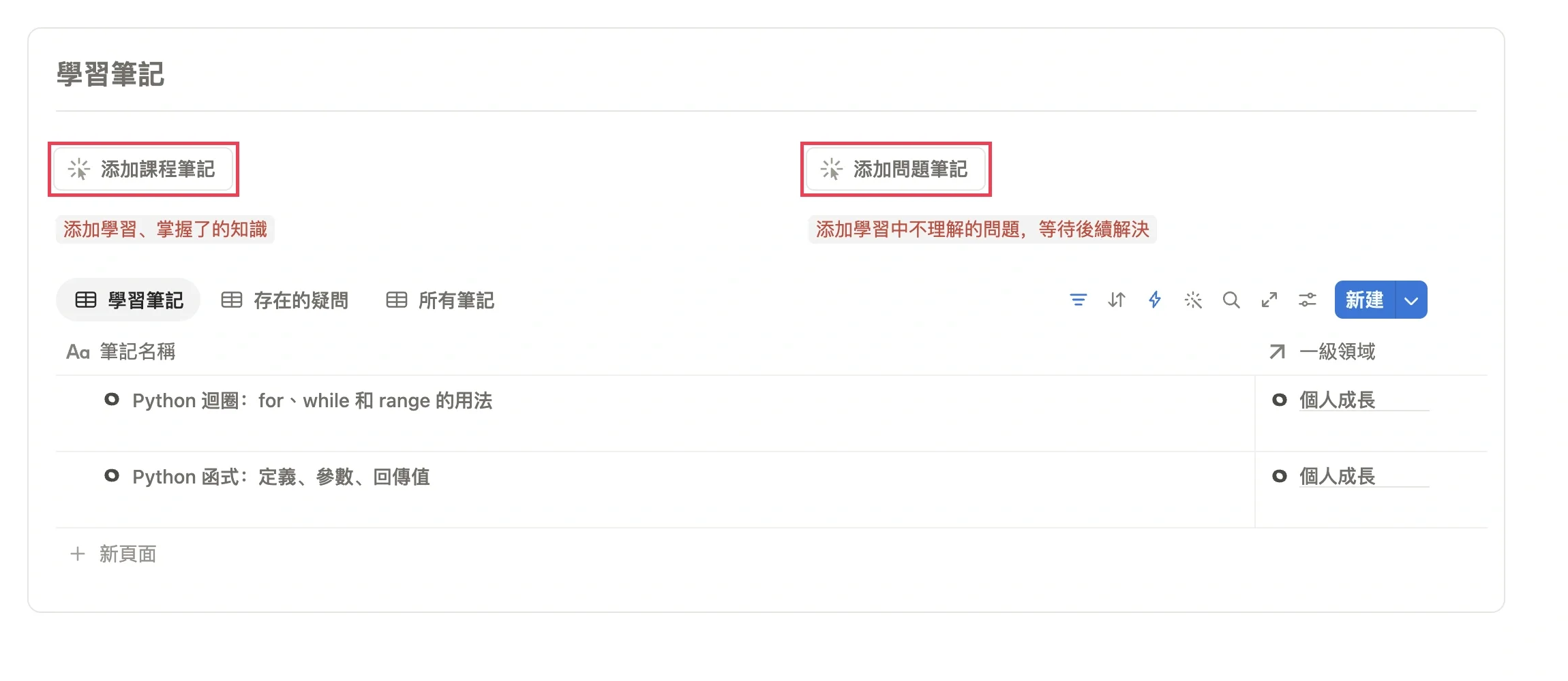 學習專案頁面底部的學習筆記模組，新增課程筆記和新增問題筆記兩個按鈕以紅框標出，下方列出已建立的筆記