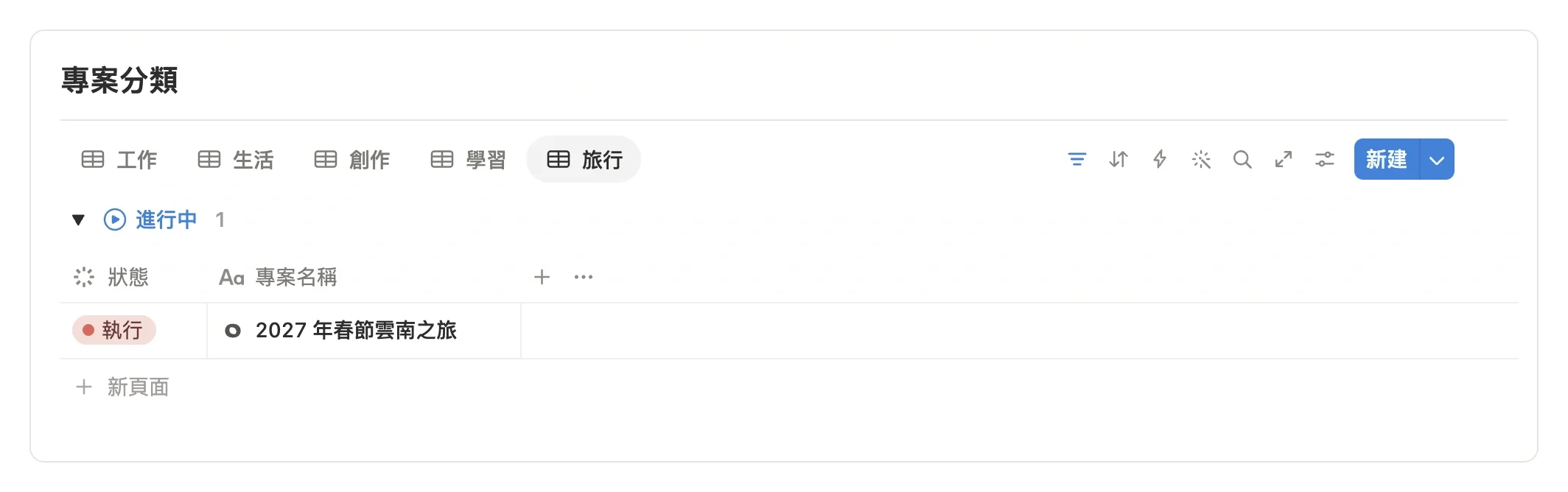 專案中心的專案分類區，頂部按專案類型分成工作、生活、創作等頁籤