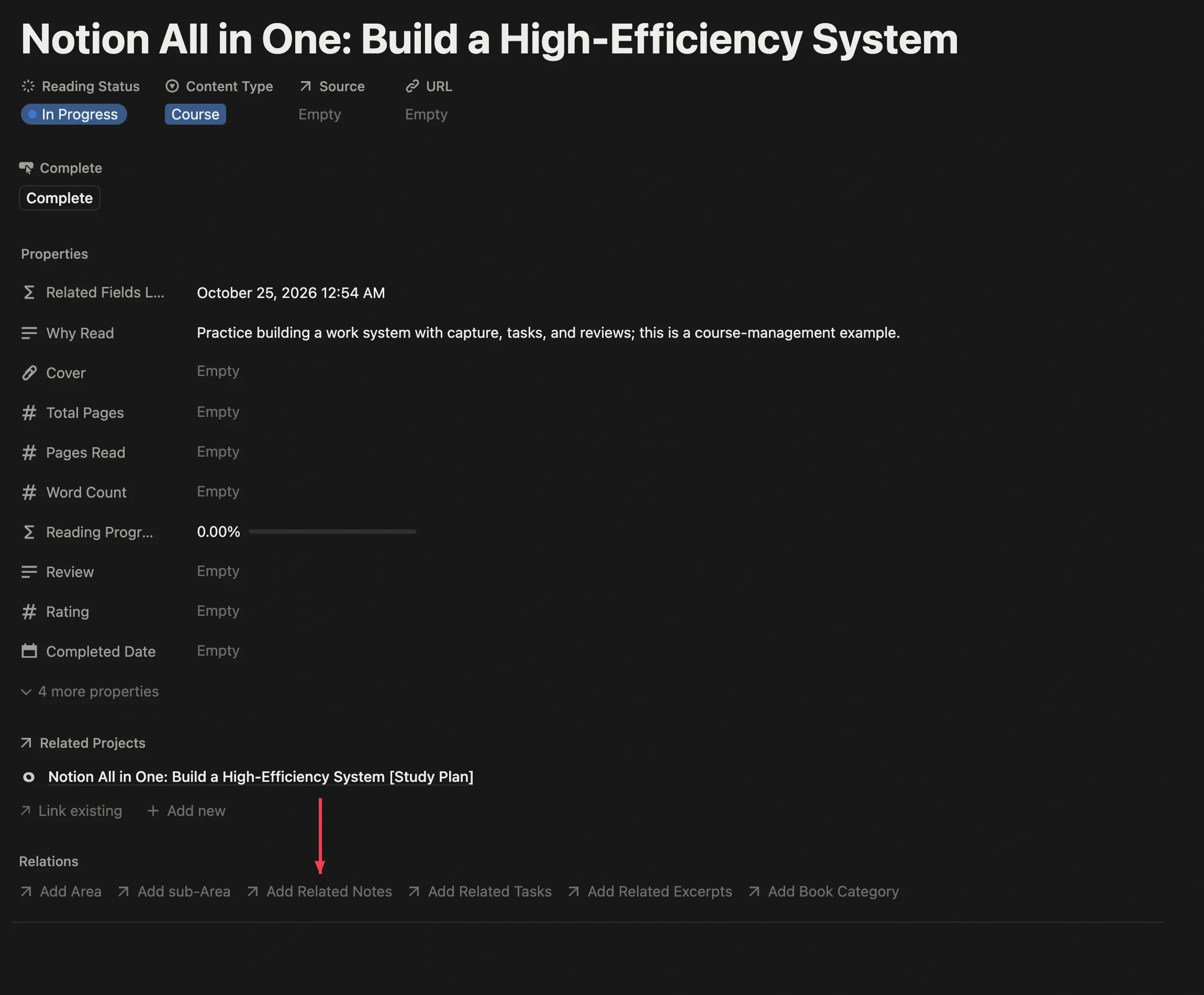 Click the related note button on a course page