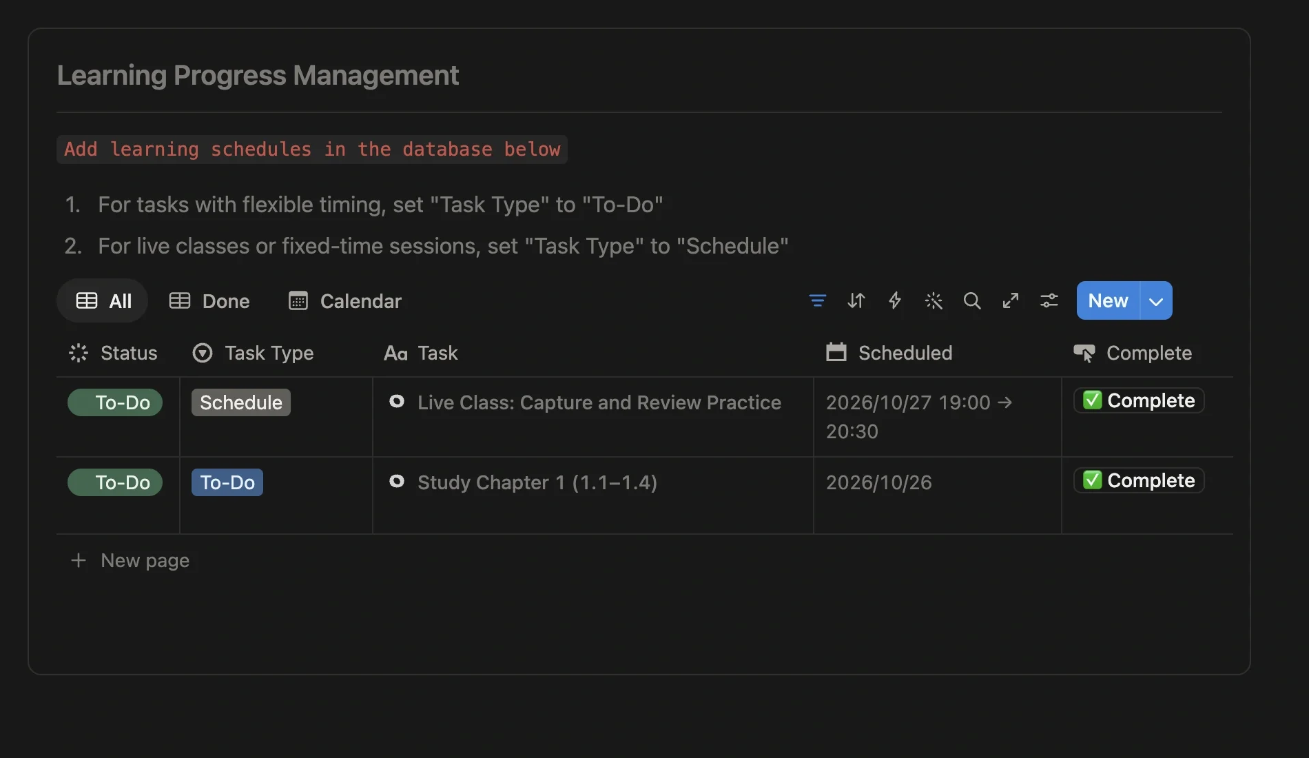Break a course study project into learning tasks