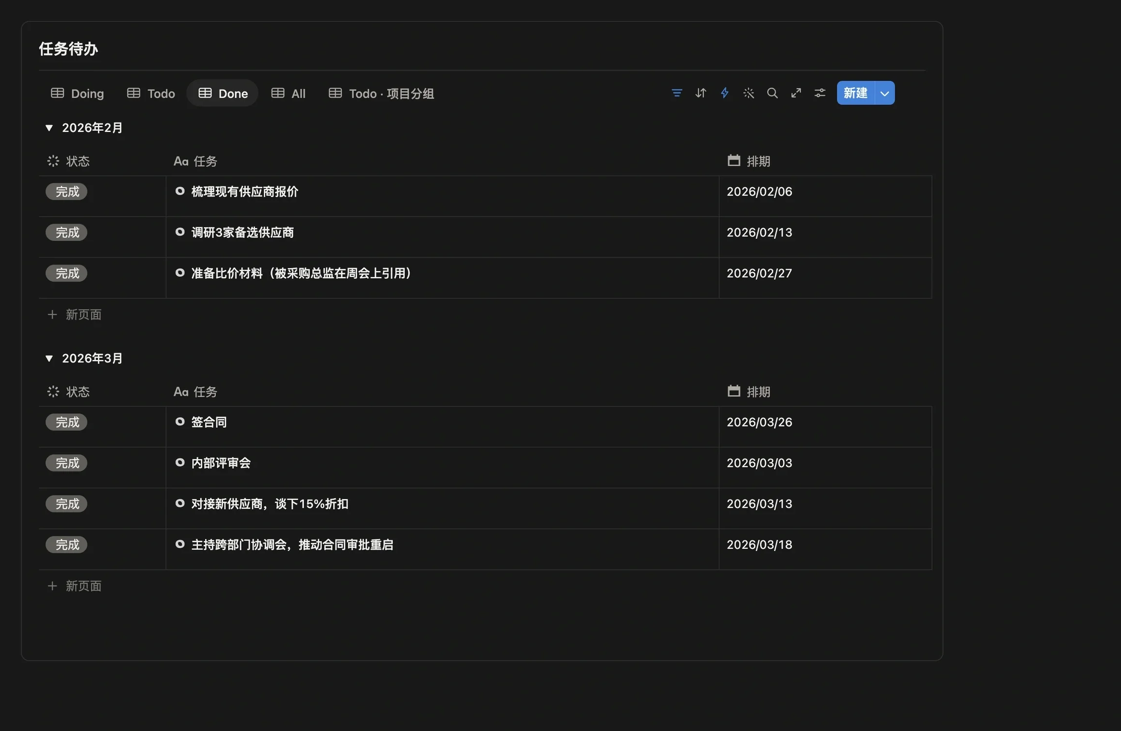 任务中心的任务待办区切到 Done 视图，已完成任务按月份分组