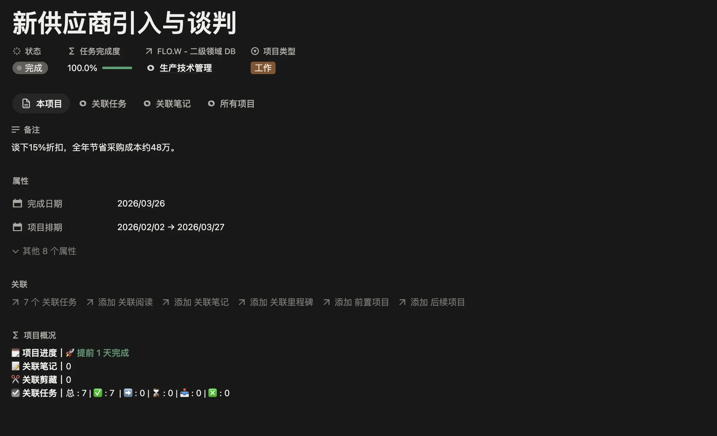 工作项目「新供应商引入与谈判」页面，显示状态、所属领域、项目排期和项目概况