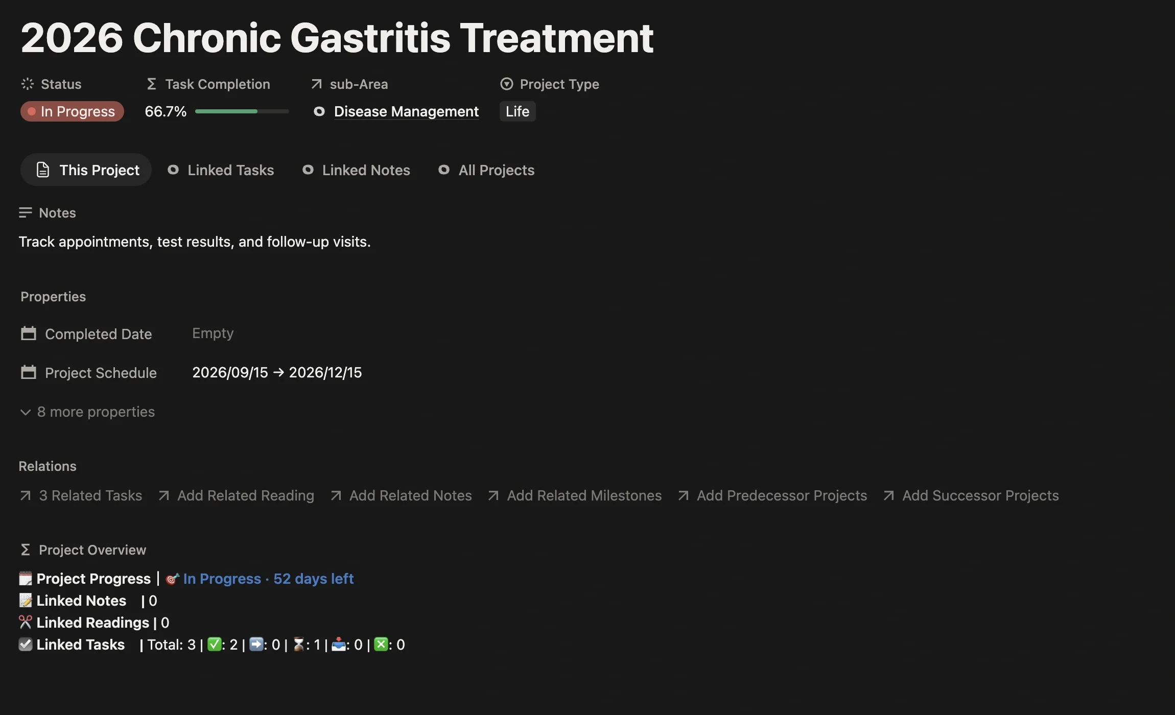 “2026 Chronic Gastritis Treatment” project page, linked to the Disease Management sub-Area with the expected treatment period set