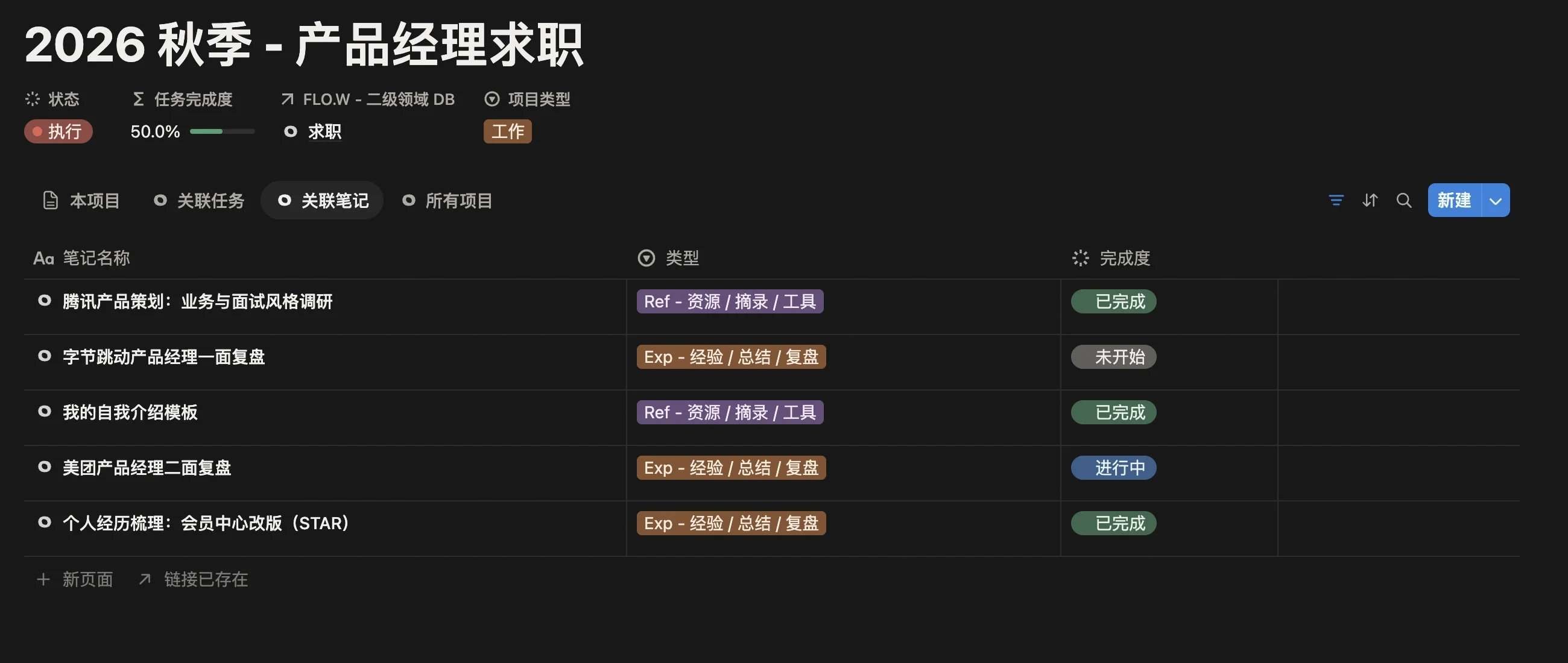 求职项目的关联笔记列表，包含自我介绍模板、面试复盘、公司调研和个人经历梳理