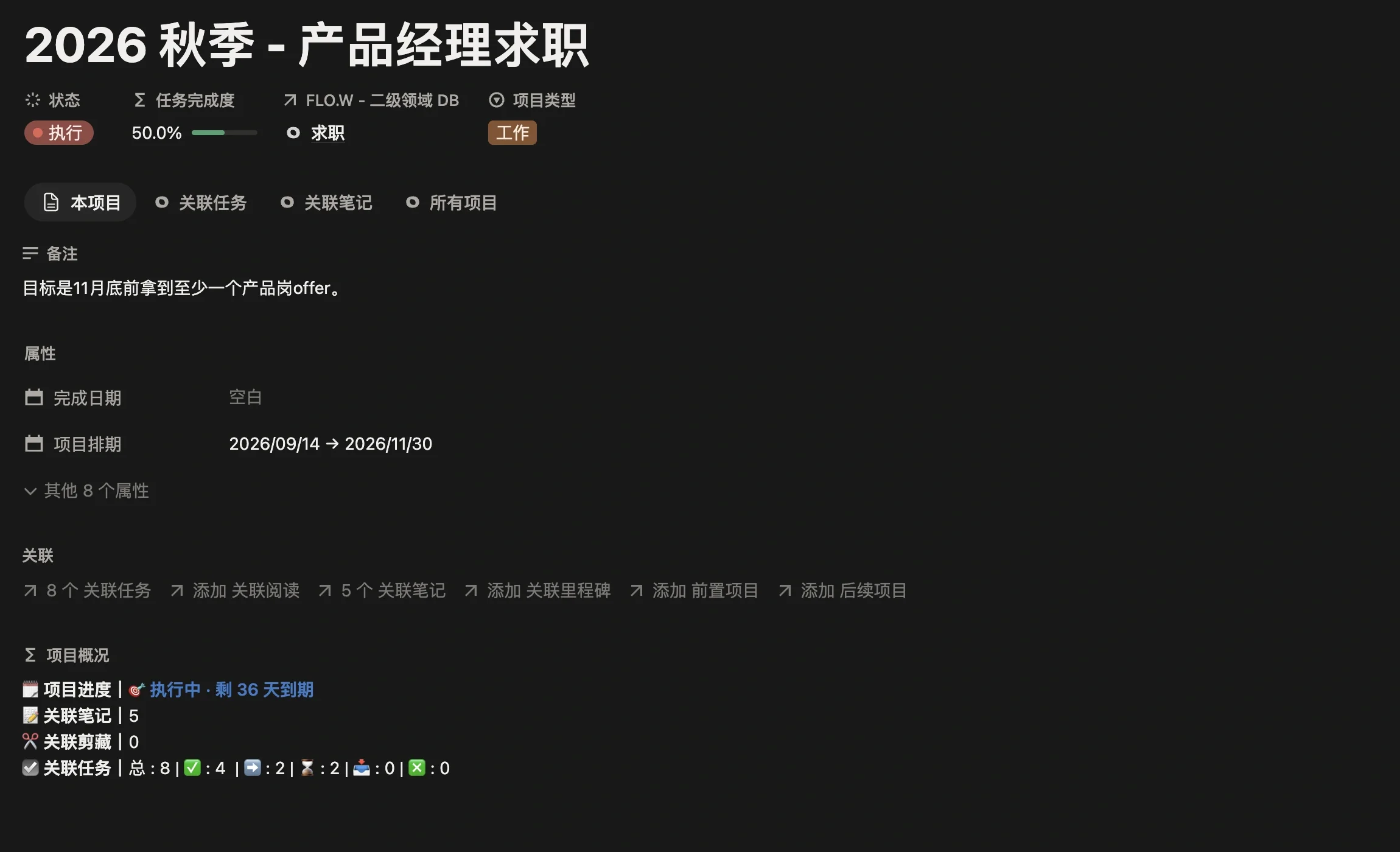 项目「2026 秋季 - 产品经理求职」页面，项目类型为工作，关联二级领域求职，项目排期 9 月 14 日到 11 月 30 日