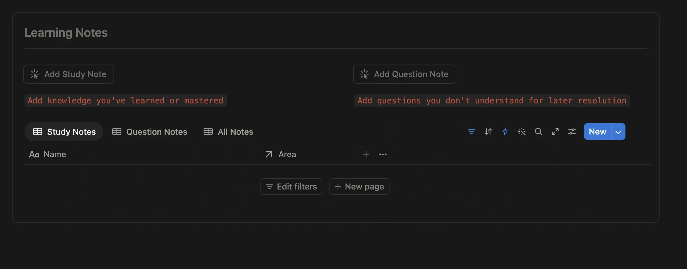 Study notes module at the bottom of an exam preparation project page