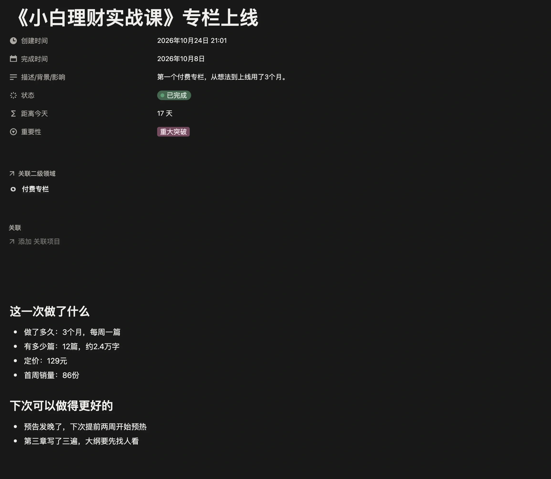 里程碑「专栏上线」页面，记录完成时间、重要性，以及做了多久、多少篇、定价和首周销量