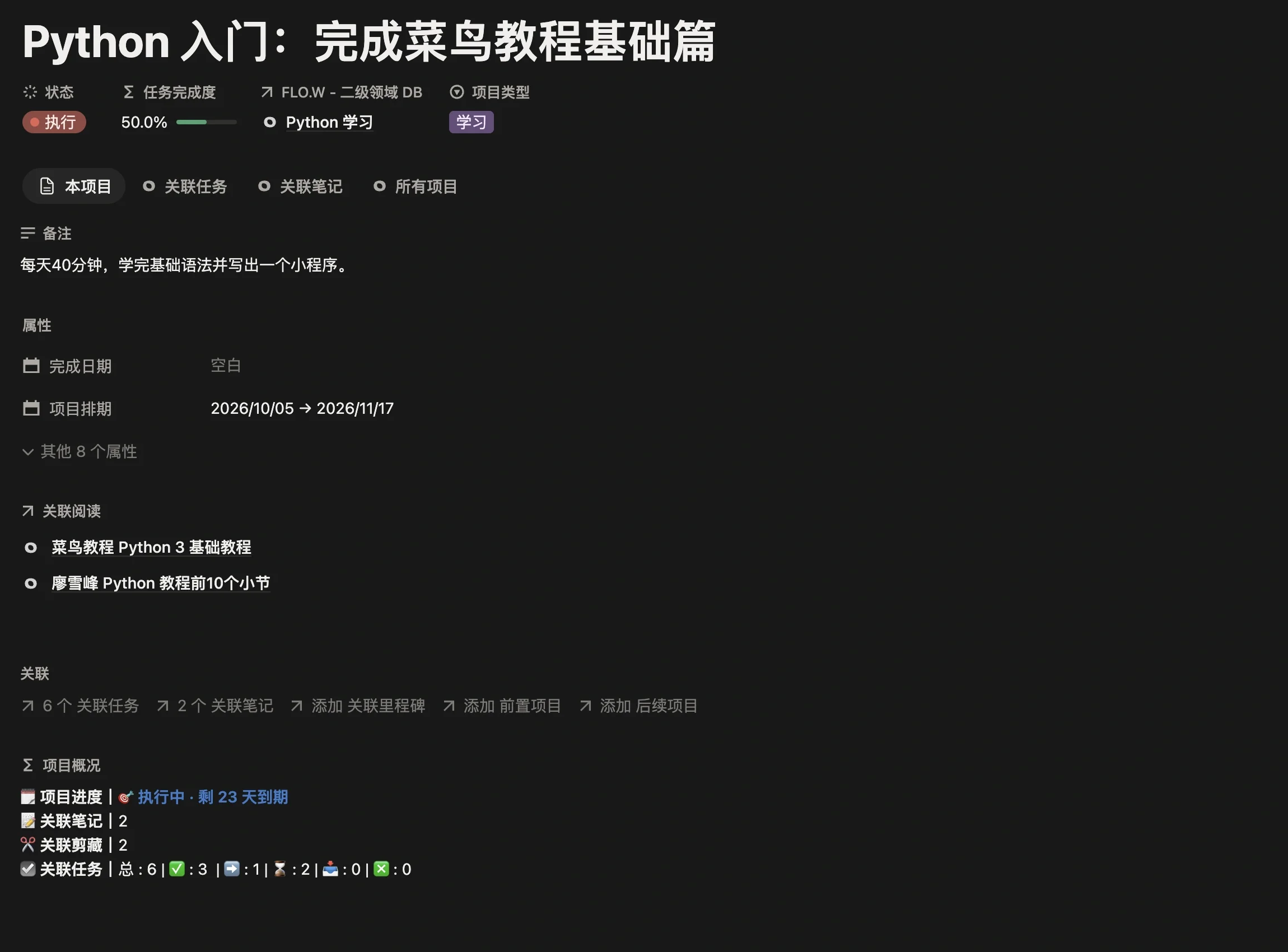 学习项目「Python 入门：完成菜鸟教程基础篇」页面，项目类型为学习，关联二级领域 Python 学习，项目排期 10 月 5 日到 11 月 17 日