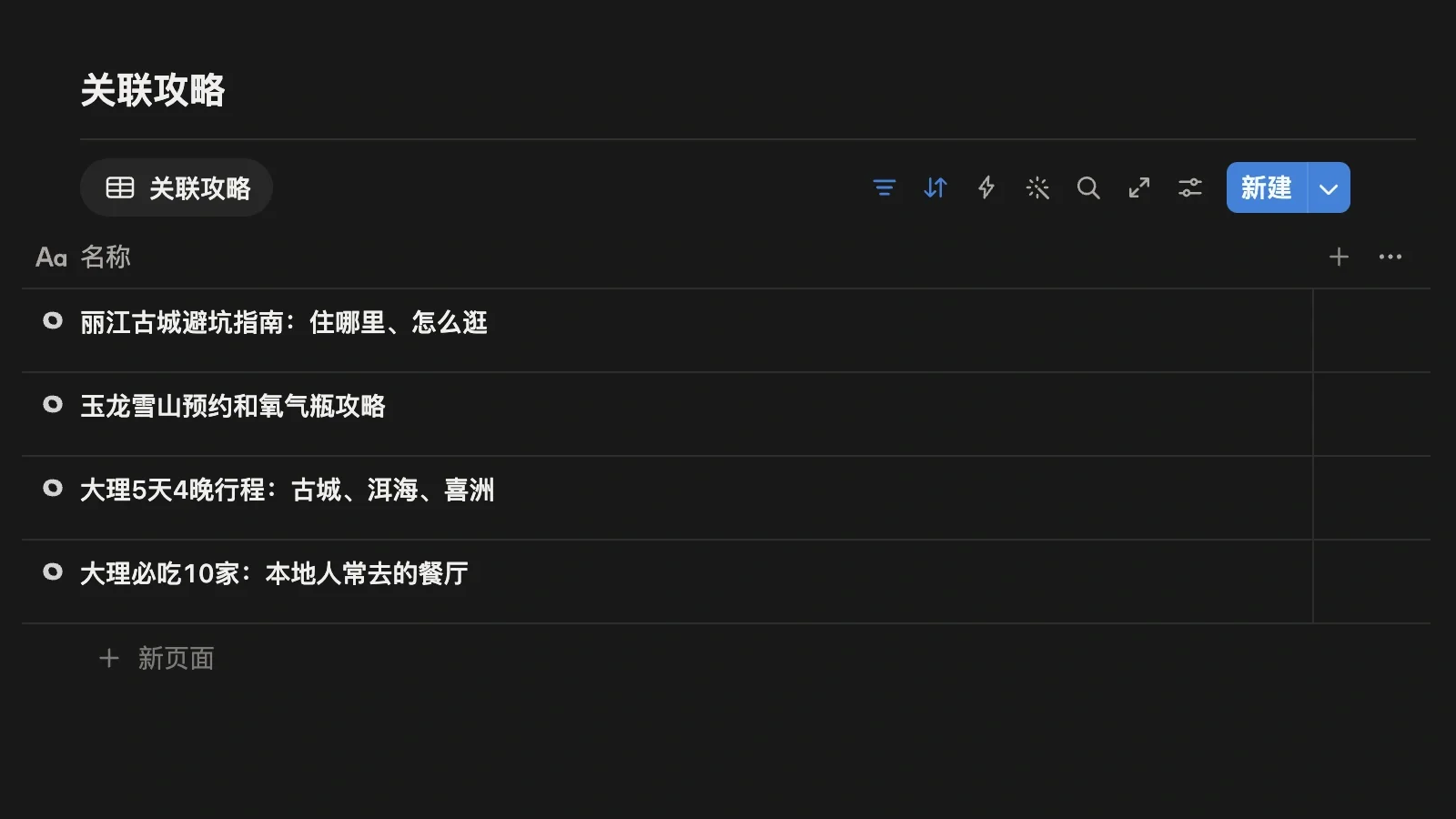 旅行项目的关联攻略模块，集中列出剪藏下来并关联到本项目的攻略