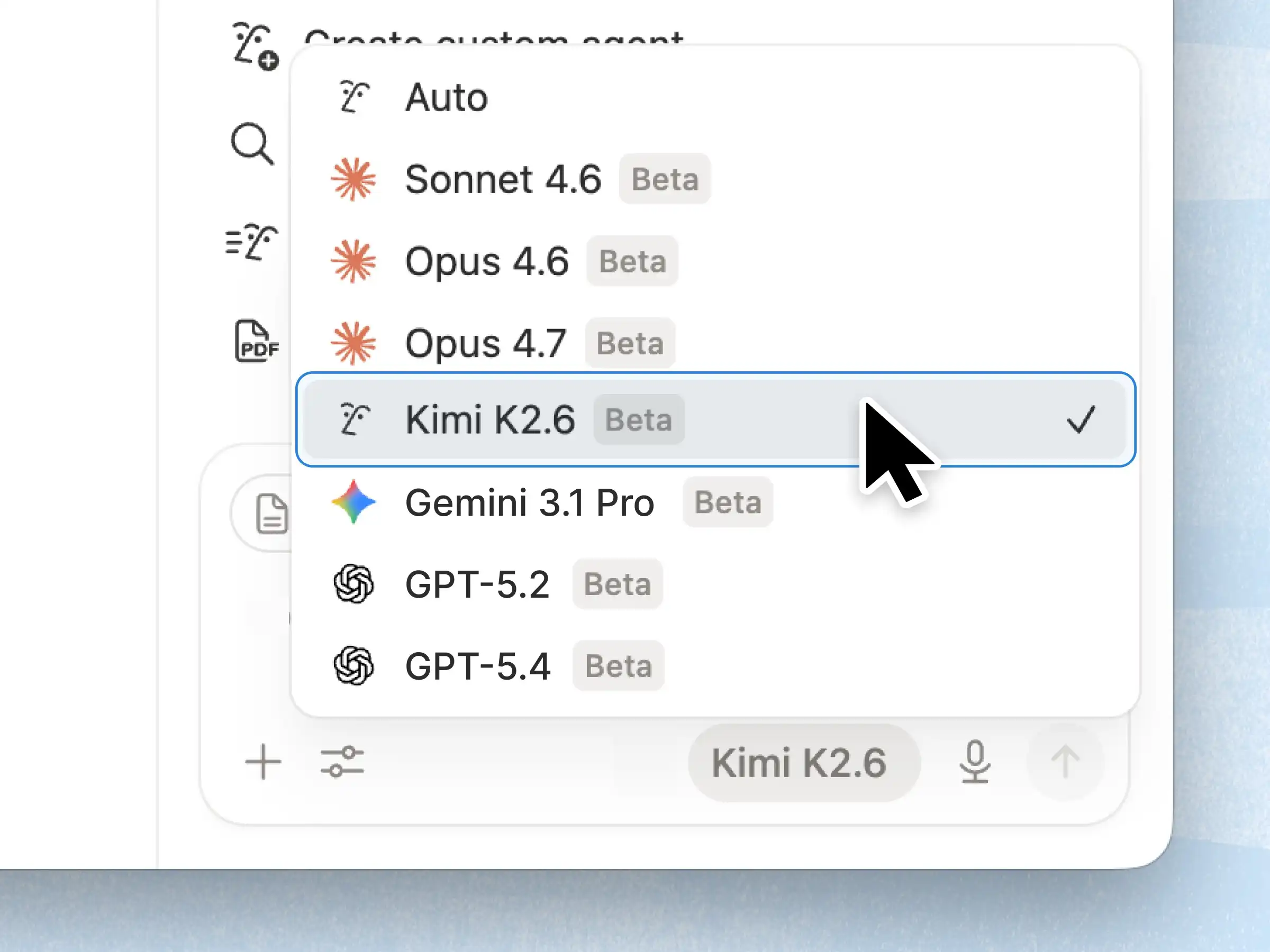 Kimi K2.6 in Notion AI model selector